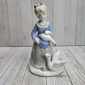 Vintage Victorian Porcelain Lady Girl Figurine with 2 Geese 6'' Tall Decorative